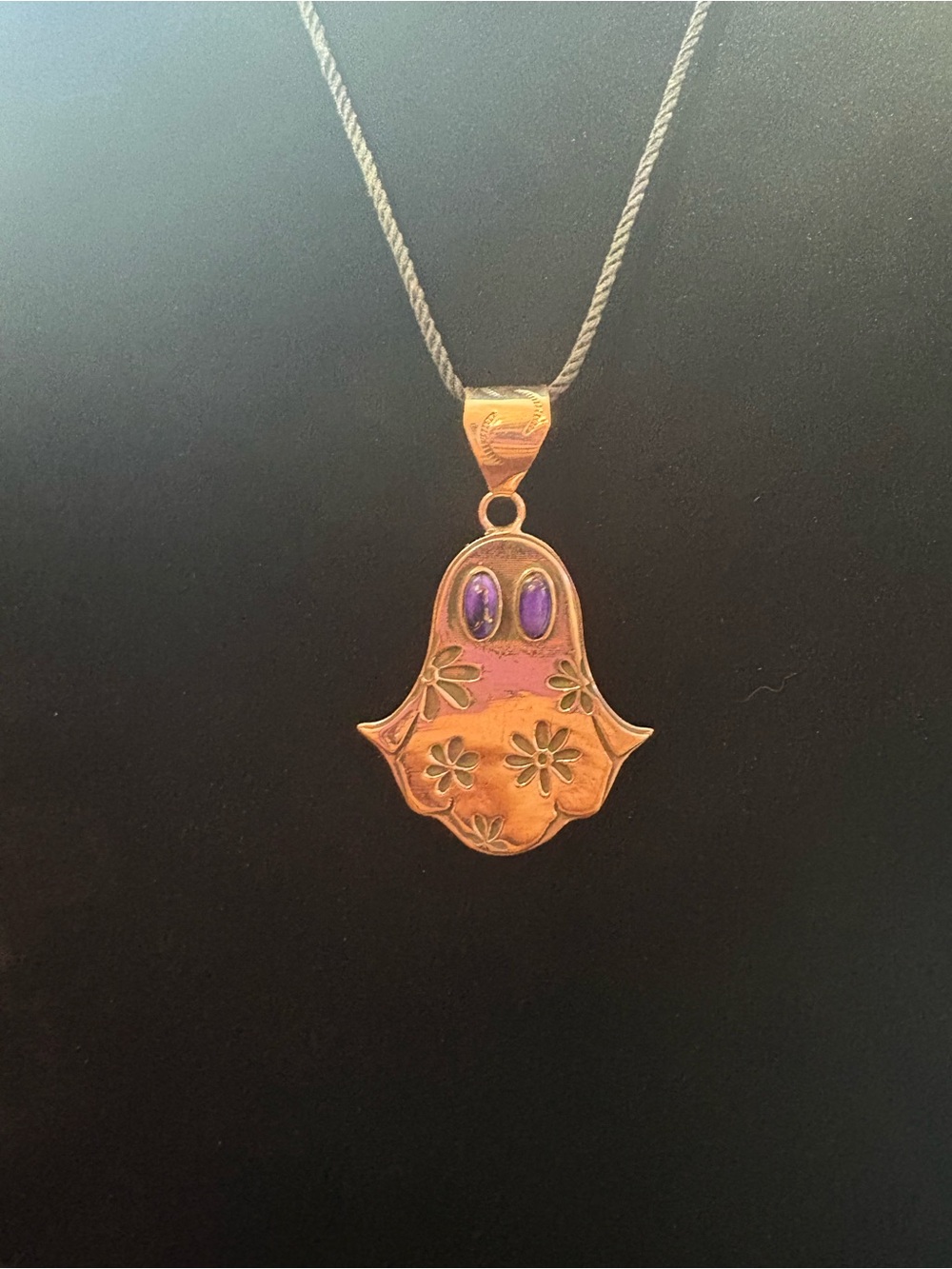Ghost Pendant With Purple Dahlia Stones Set in Copper